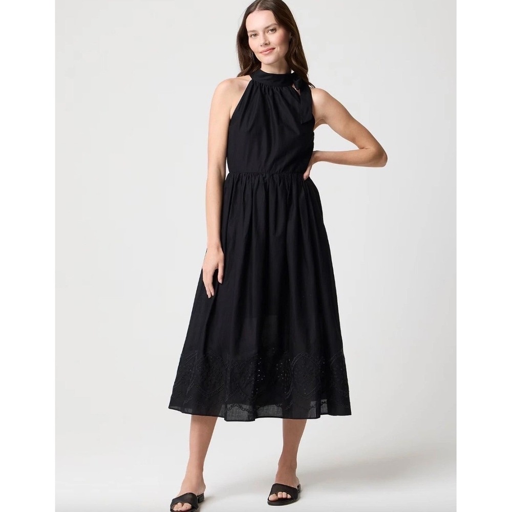 J. Crew Black Halter Neck Midi Dress Eyelet Trim Bow Detail Size 00 NWT